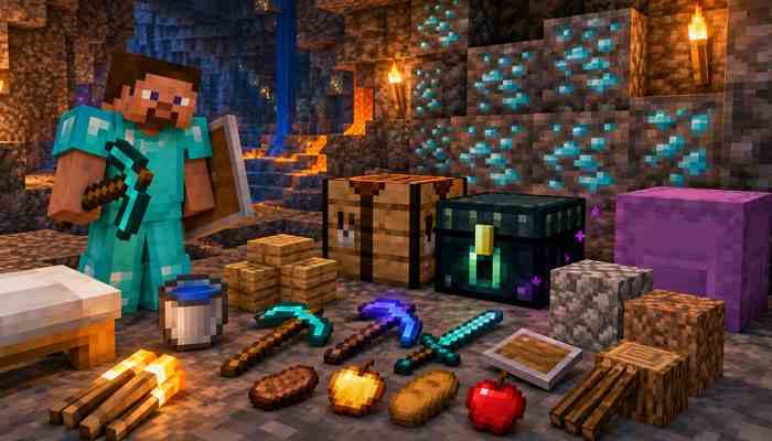 What should you bring diamond mining - tycoonstory | tycoonstory media What y level is diamonds in minecraft mining preparation scene showing a player with diamond gear, pickaxes, water bucket, food, crafting table, ender chest, building blocks, and supplies for exploring deep diamond-rich layers. Diamond ore generates below y=16 and becomes more common at lower elevations.