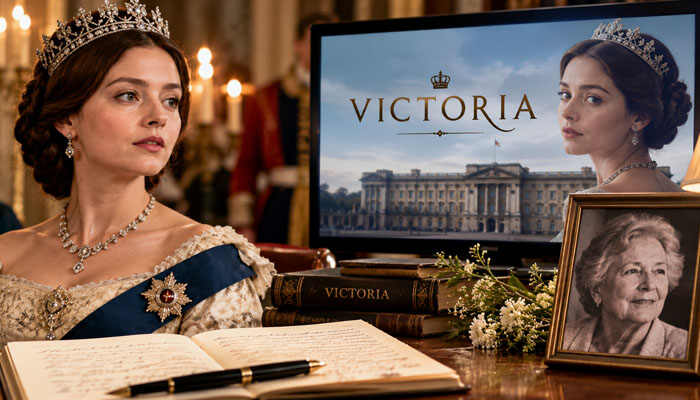 Which victoria episode was dedicated to marie fargus - tycoonstory | tycoonstory media Marie fargus victoria tribute illustration featuring queen victoria, buckingham palace, historical books, and a framed memorial portrait.