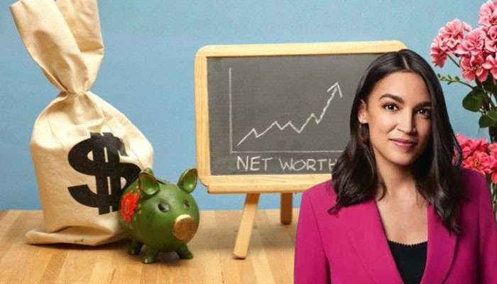 Why total career earnings are not current wealth - tycoonstory | tycoonstory media Aoc net worth concept image with alexandria ocasio-cortez beside a money bag, piggy bank, and rising financial chart representing assets, savings, liabilities, and reported wealth.
