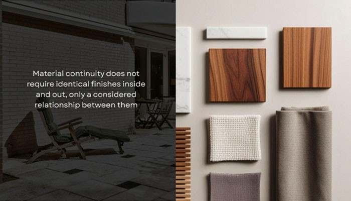 Designing from the outside in | tycoonstory media Split image: left outdoor seating scene with a quote about material continuity; right a wall of material samples (wood, fabric, tile).
